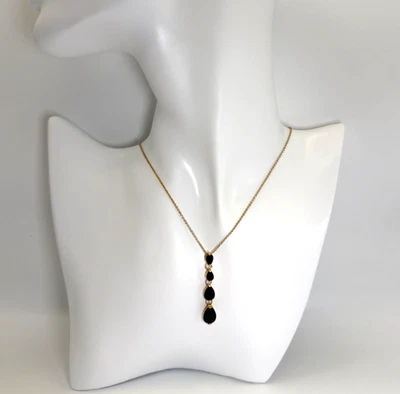 Collar Gota Vintage Tono Dorado en Niveles Vidrio Negro “Aspecto Onyx” Lágrimas, Cuelga Foto 1 de 4