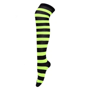 Striped Patterned Socks (Thigh High) Lime Green and Black - Picture 1 of 3