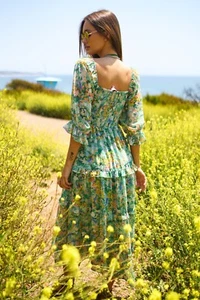 Davi & Dani Women's Floral Square Neckline Smocked Tiered Midi Dress in Green - Picture 1 of 12