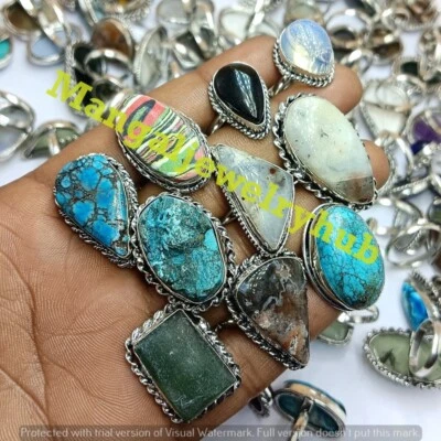 Lote de 10 piezas de anillos enchapados en plata 925 joyas a granel turquesa brillante y mezcla de piedras preciosas Foto 1 de 4