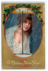 1908 Brooklyn NY, schöne Frau im Fenster Winter ein frohes neues Jahr - Bild 1 von 2