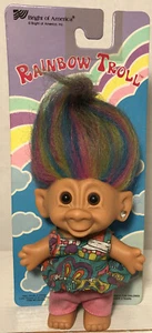 Vintage 5” Bright Of America Rainbow Troll Doll Jewel Earring New on Card - Picture 1 of 7
