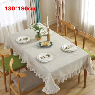 DIY Cotton Linen Flounce Ruffle Edge Tablecloth Table Topper Furniture Cover New - Image 1 of 4