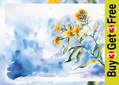 Impresión de flores silvestres doradas cielo azul 7"x5" en papel mate acuarela arte floral Foto 1 de 4