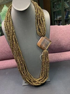 Collana Boemia WOW 18 Fili Vetro Multi Oro Perline Vetro 25” Ciondolo Legno - Foto 1 di 10