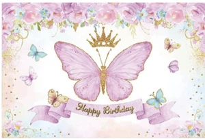 BUTTERFLY GOLD CROWN FLOWERS ROSES PERSONALISED BIRTHDAY PARTY BANNER BACKDROP - Picture 1 of 4