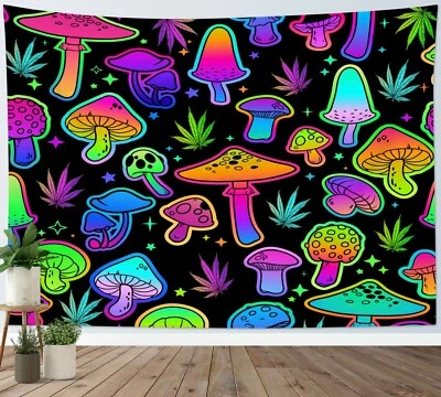 Colored Psychedelic Mushroom Cannabis Leaf Tapestry Wall Hanging Bedspread Cover - Image 1 of 4