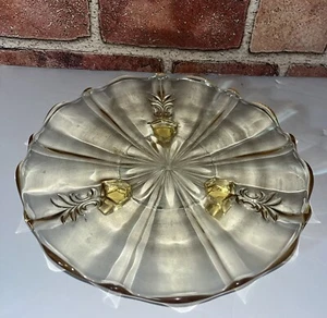 Yellow Depression Glass Tidbit Serving Tray FOSTORIA BAROQUE Topaz Three Toed - Picture 1 of 9