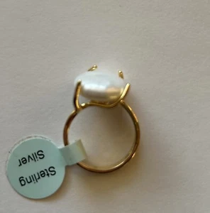 Solitaire Sterling Silver 925 Yellow Gold Plated Fresh Water Pearl Ring Sz 7 - Picture 1 of 5