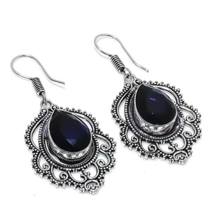 Black Spinel Gemstone Handmade 925 Sterling Silver Jewelry Earring Sz 1.6" - Picture 1 of 1