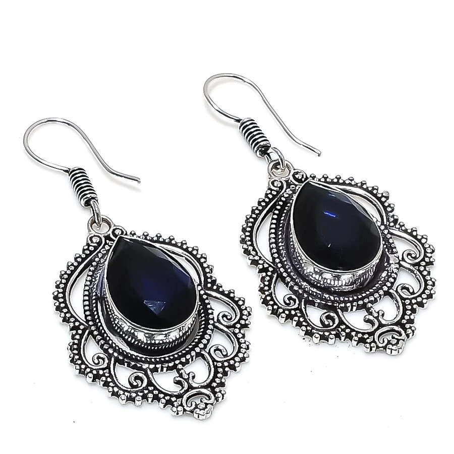 Black Spinel Gemstone Handmade 925 Sterling Silver Jewelry Earring Sz 1.6" - Image 1 of 1