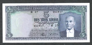 (1965) TURKEY 5 LIRA ~ P-174 ~ SCARCE ~ FRESH GEM CRISP UNCIRCULATED NOTE - Picture 1 of 2