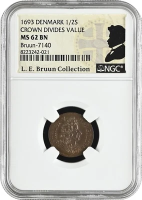Denmark 1693 1/2 Skilling, Copenhagen Mint, Christian V NGC MS62 BN - Image 1 of 4