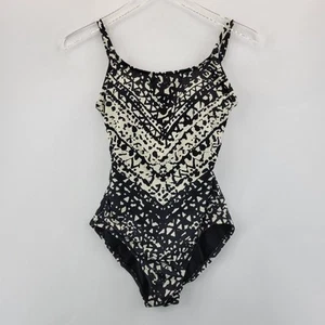 Badgley Mischka Swimsuit Size 6 Black Ivory Print Crisscross Back Adjustable - Picture 1 of 9
