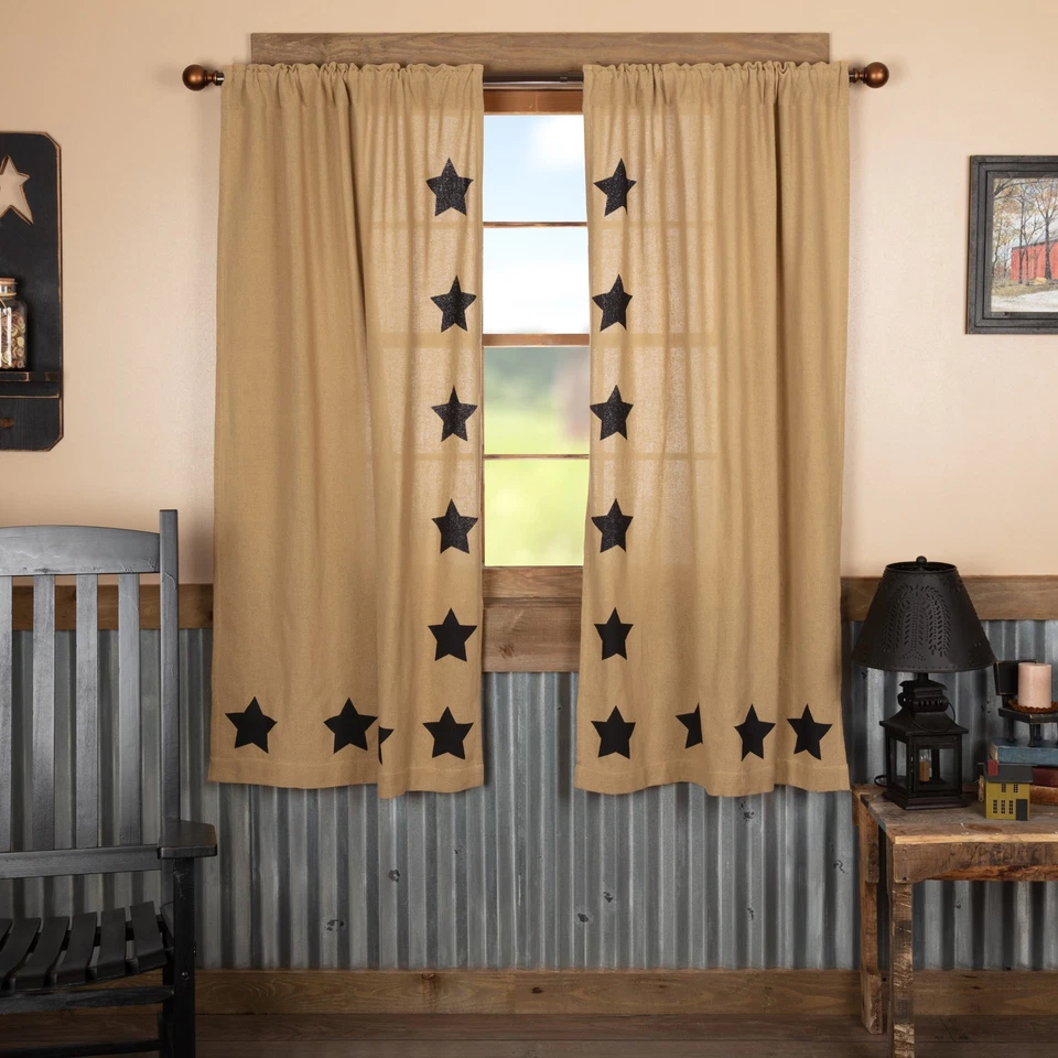 VHC Brands Burlap Black Stencil Star Curtain Panel (set of 2)