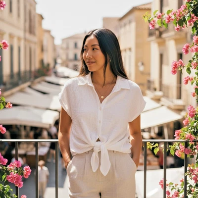 Top corto Monrow para mujer talla pequeña blanco con cuello torcido delantero 100 % algodón orgánico Foto 1 de 4