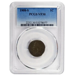 1908-S Indian Cent 1c PCGS VF30 Blue Label - Picture 1 of 3
