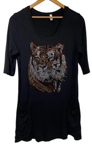 Top túnica Popana para mujer negro estrás gráfico tigre talla L bolsillos manga 3/4 - Imagen 1 de 6