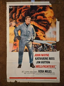 HELLFIGHTERS Original 1969 27x41 Filmplakat JOHN WAYNE. Stücke gerissen - Bild 1 von 5