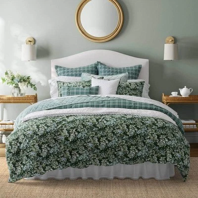 Laura Ashley Bramble Floral 7-Piece Green Cotton Full/Queen Bonus Duvet Cover - Image 1 of 4