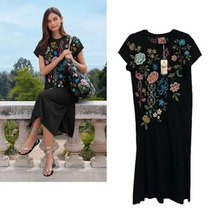 JOHNNY WAS Neu mit Etikett Boho Blumen bestickt Kurzarm Relaxed Strick Midikleid - Bild 1 von 16