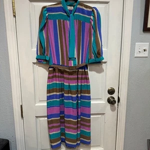 VTG Liz Claiborne Striped 80s Midi Dress Rainbow Stripe Button Tie Neck Belt Sz8 - Picture 1 of 8