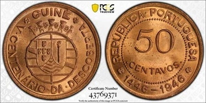R48 Guniea-Bissau 1946 50 Centavo PCGS MS-65 FULL RED - Picture 1 of 3