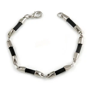 Modearmband silberfarben mit schwarzem Gummi Stabelement - 19 cm L - Bild 1 von 4