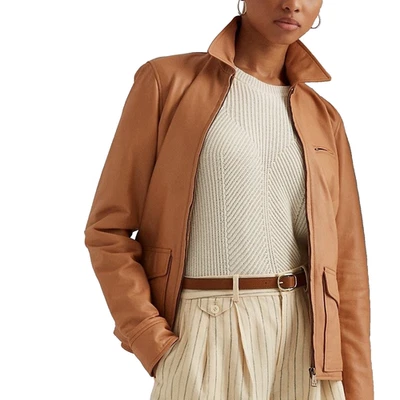 Ralph Lauren 女式焦糖棕色羊皮摩托夹克,14 码,全新带标签 — 第 1/4 张图片