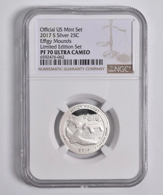 PF70 UCAM 2017-S Silver Effigy Mounds Quarter Limited Edition NGC *3539 - Image 1 of 4