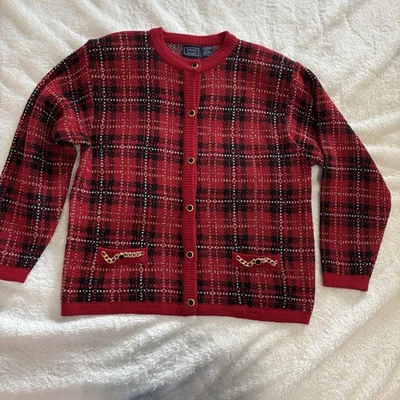 Suéter Vintage Laura Scott Mujer L Rojo Cuadros Metálico Botón Frontal Cadena Foto 1 de 4