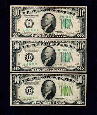 3Pcs $10 1934-34C-34C  Federal Reserve Notes New York Free Shipping (B159) - Image 1 of 2