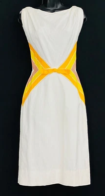 Vestido blanco vintage años 50, oro amarillo rayas diamante geométrico sin mangas XS Foto 1 de 4