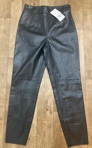 Zara Women’s Black Faux Leather Croc Print High Waisted Slim Trousers M A60 - Picture 1 of 11