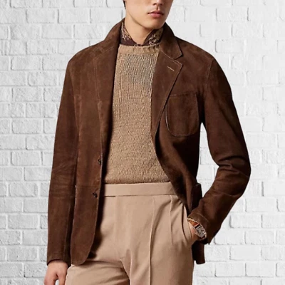 Mens Rust brown pure suede leather Blazer coat jacket Custom size S M L XL 2XL - Image 1 of 3