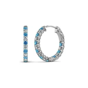 0.87 Ct Blue Topaz & Natural Diamonds Prong Earrings 14k Solid White Gold - Picture 1 of 2