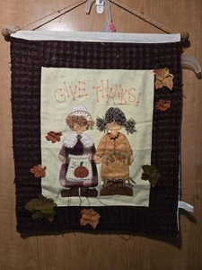 Vintage (primitiver) gesteppter Stoff Wandbehang "Give Thanks" Pilgrim Little... - Bild 1 von 10