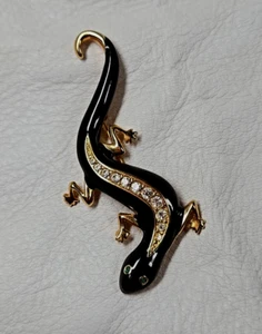 Vintage Avon Black Enamel & Rhinestone Lizard Salamander Brooch Pin Gold Tone - Picture 1 of 7