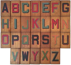 RARE EARLY-MID 20TH C AMERICAN VINT HND PNTD, 2 SIDED, 28 PC WDN ALPHABET BLOCKS - Picture 1 of 15