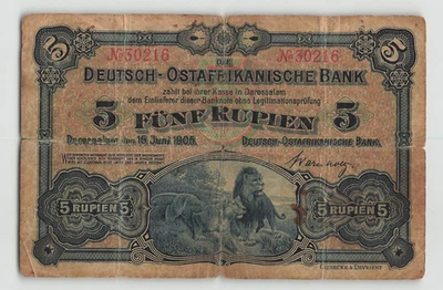 GERMAN EAST AFRICA 5 Rupien 1905, P-1, No. 30216 Low Grade Circulated But Scarce - Image 1 of 2