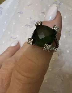 David Yurman Silver 14mm Gorgeous Green Peridot  & Diamonds Ring Size 6 - Picture 1 of 3