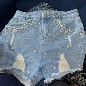 Gem Jewel Rhinestone Country Fashion Women Beach Party Denim Shorts Blue Medium - Picture 1 of 7