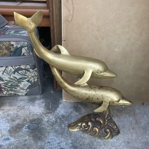 Vintage Large Brass Dolphin Statue on Wave - Picture 1 of 8