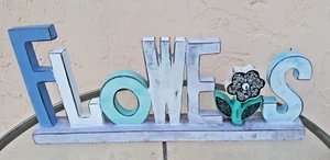 FLOWERS Sign Colorful Floral Shop Garden Mosaic Tabletop Sign METAL LETTERS ART! - Picture 1 of 8