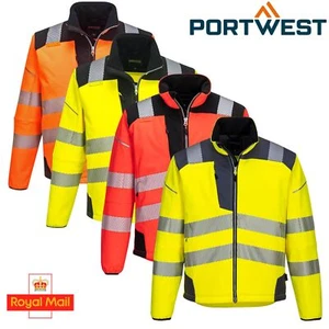 PORTWEST PW3 HI ViS Softshell Jacket Waterproof Windproof Safety Work Coat T402 - Picture 1 of 13