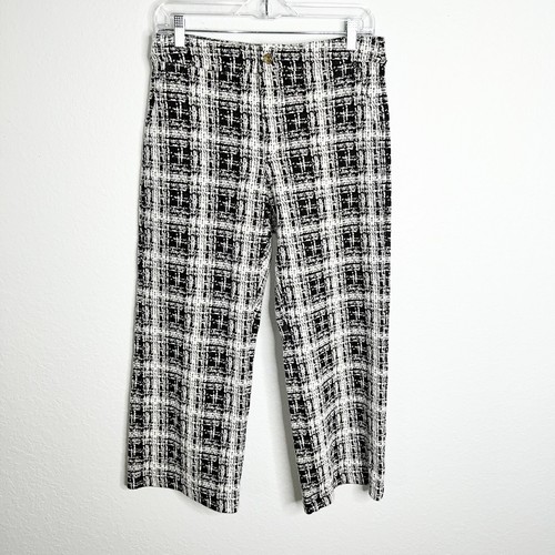 Michael Kors Pantalone Donna Medio Plaid Nero Bianco Abito Crop Tweed Come B7