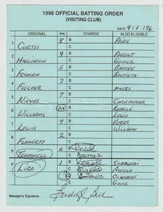 4-1-96 Detroit Tigers - Game Used Lineup Card - Alan Trammell - Opening Day - Picture 1 of 2