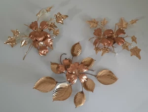 Vintage MCM Dogwood Flowers and Leaves Brass Copper Metal Wall Sculptures 3-pc - Picture 1 of 4