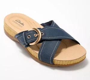 Clarks Collection Reileigh May Leather Slide Sandals Navy 7/M Used - Picture 1 of 1