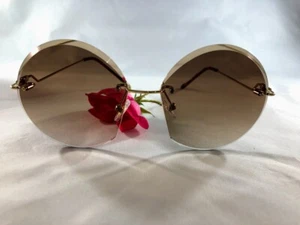 Sunglasses for Women RImless Metal Gold Color Diamond Cutting Lens Brown    - Picture 1 of 6